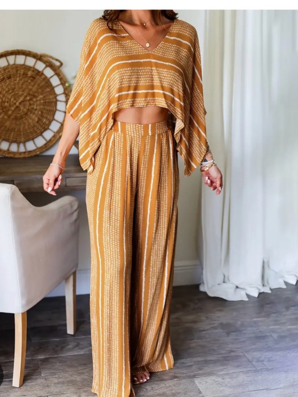 Mustard Striped Wide-Leg Jumpsuit Set - Women Pants & Jumpsuits